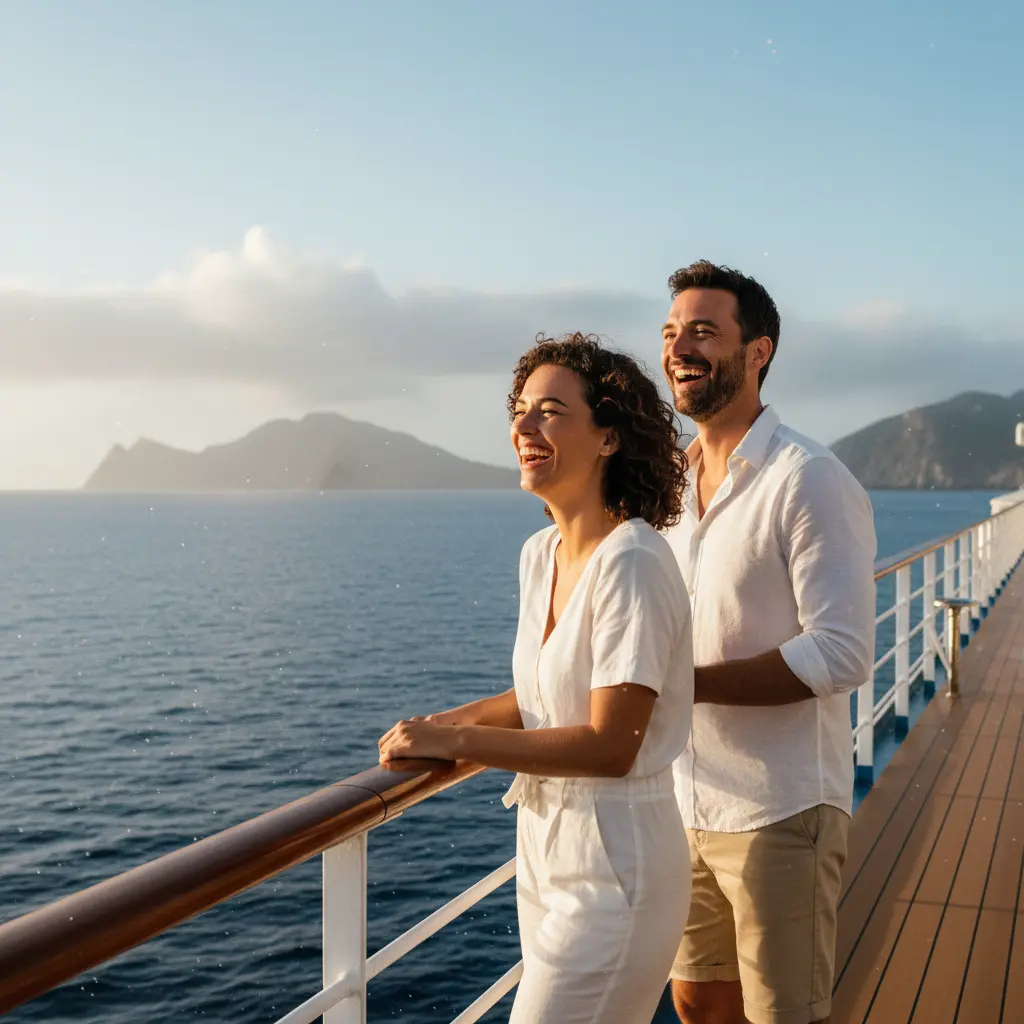 Dos personas riendo y disfrutando de la vista desde la cubierta de un crucero