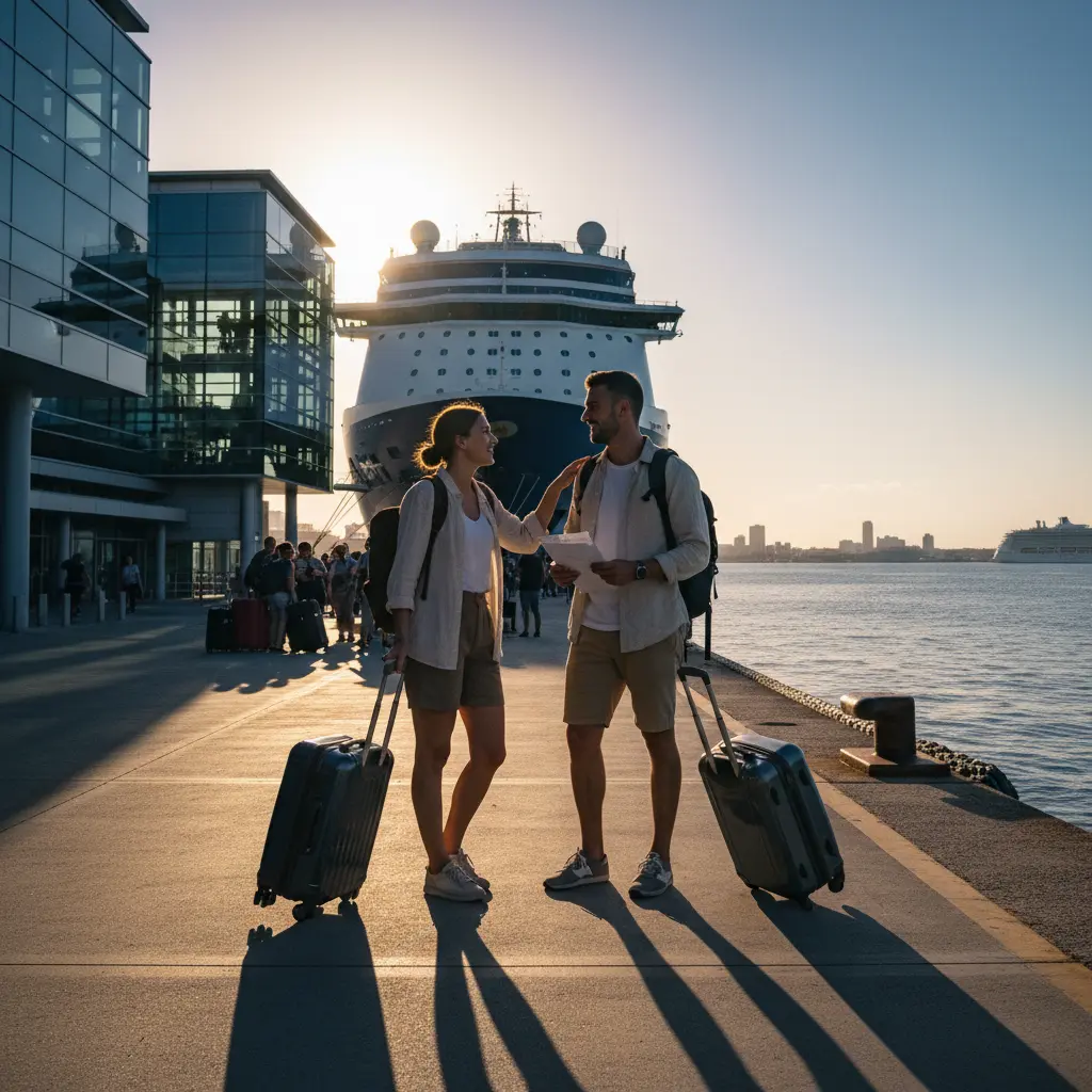 Dos viajeros con maletas en un puerto, listos para un crucero y compartir cabina