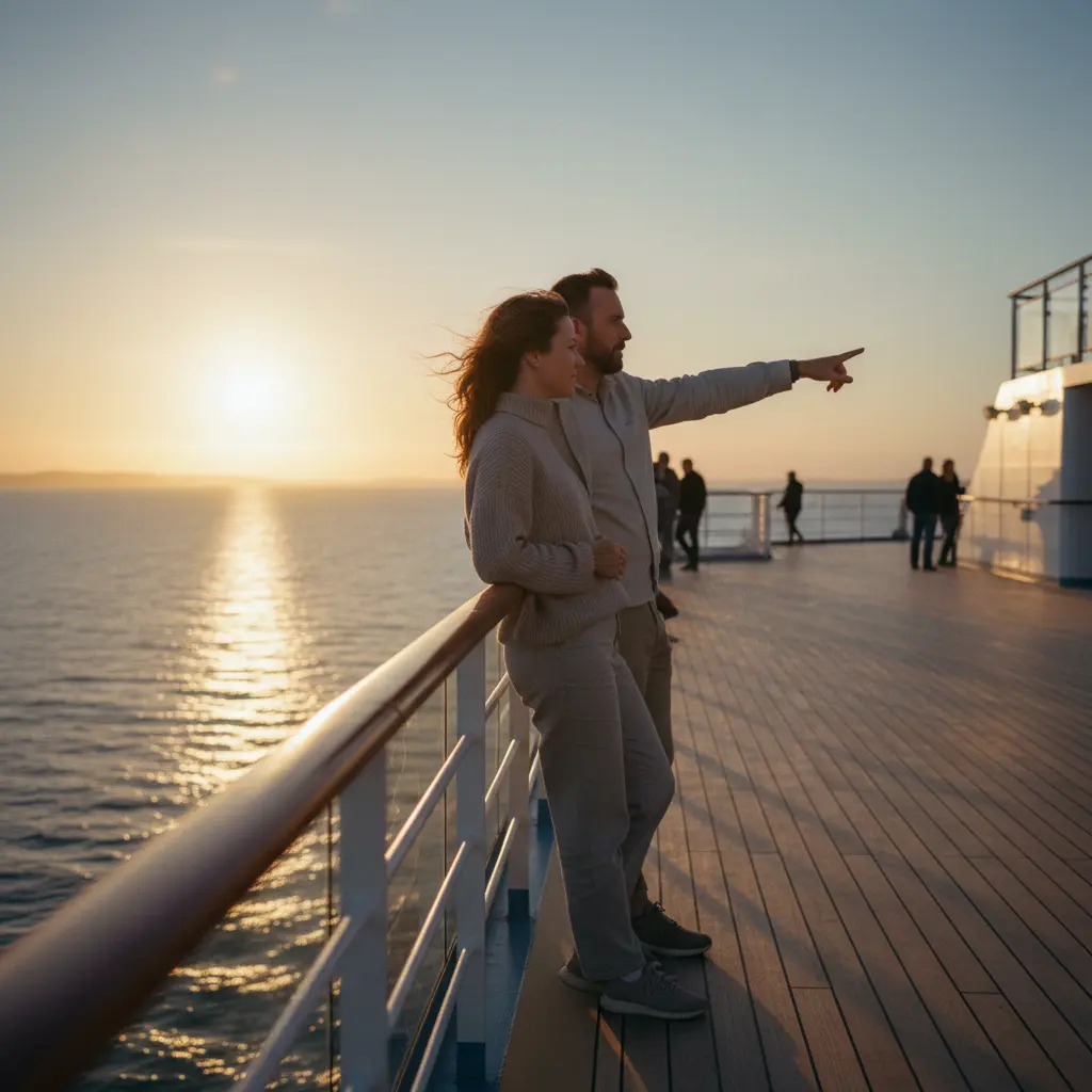 Dos personas mirando el mar desde la cubierta de un crucero al atardecer