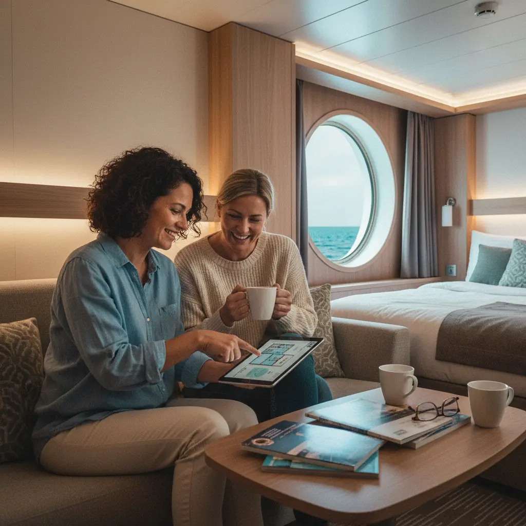 Two women 35-50 happily planning a cruise together on a tablet