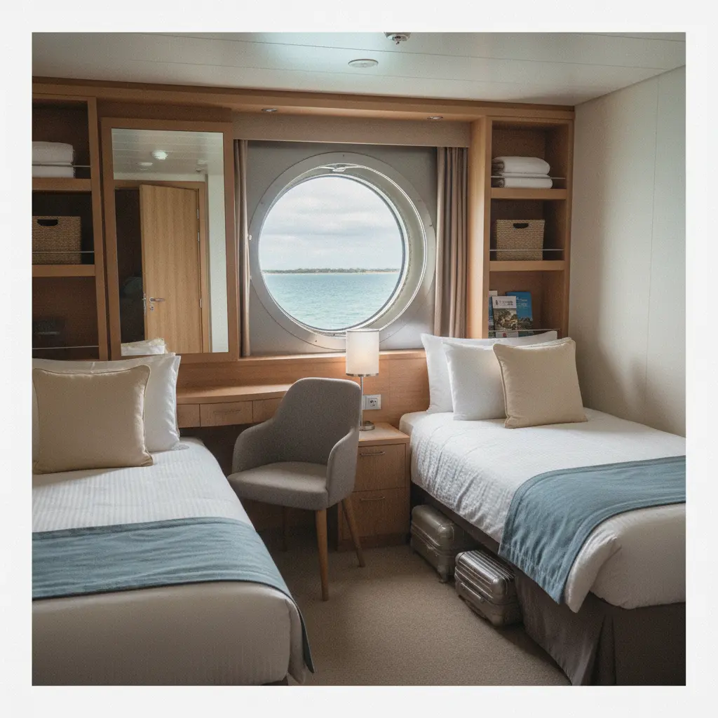 Interior of a comfortable, modern cruise cabin with two beds