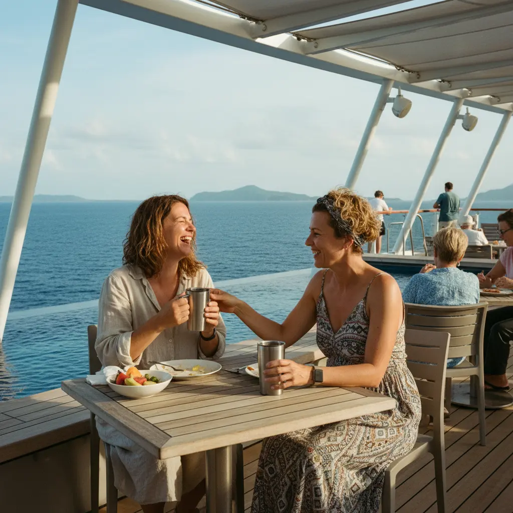 Two women 35-50 laughing and enjoying themselves on a cruise ship deck