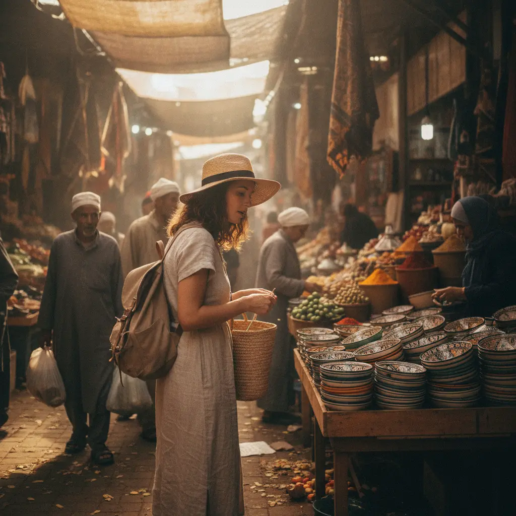 A solo woman traveler exploring a vibrant, bustling local market in a foreign city, looking for local goods