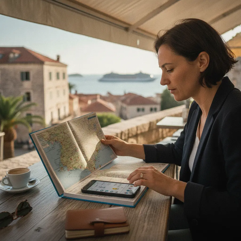 A woman planning her solo trip with a map, travel guide, and smartphone on a table, highlighting her itinerary