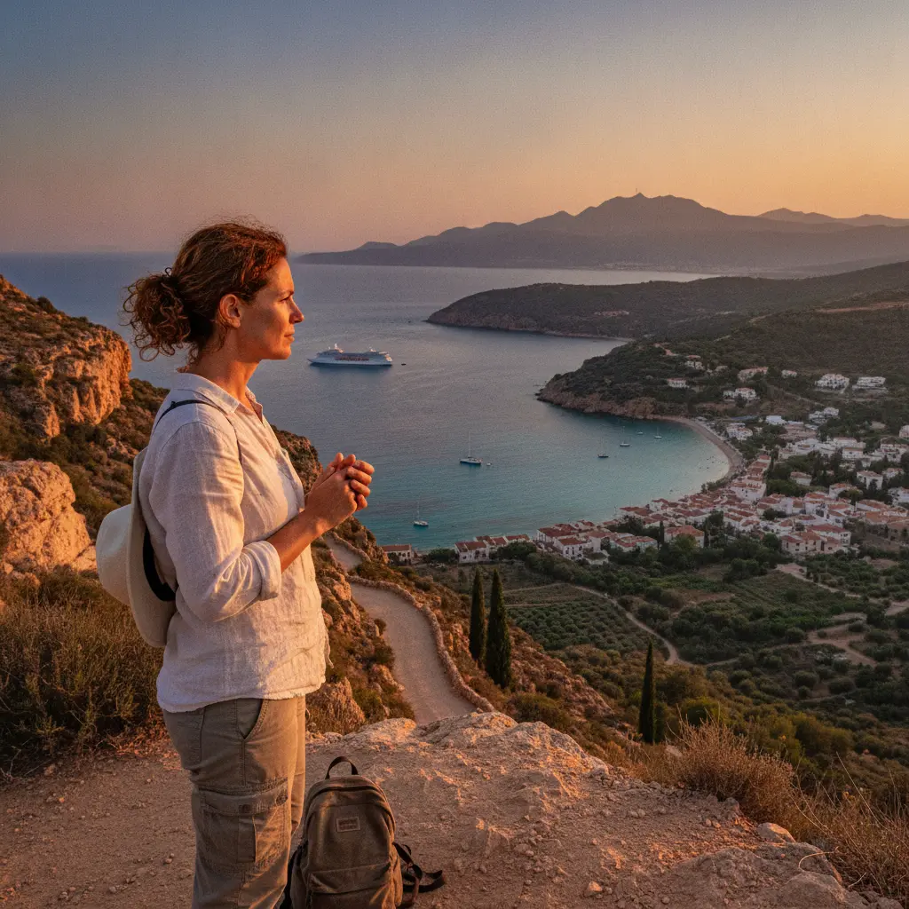 A solo woman traveler standing on a scenic overlook, looking out at a beautiful landscape, reflecting on her journey