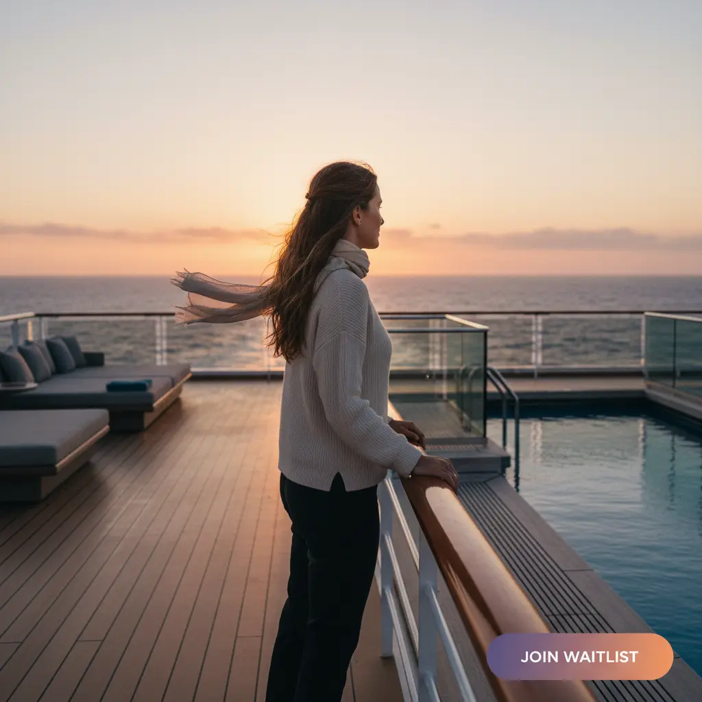 A solo female traveler looking out at the ocean from a cruise ship deck