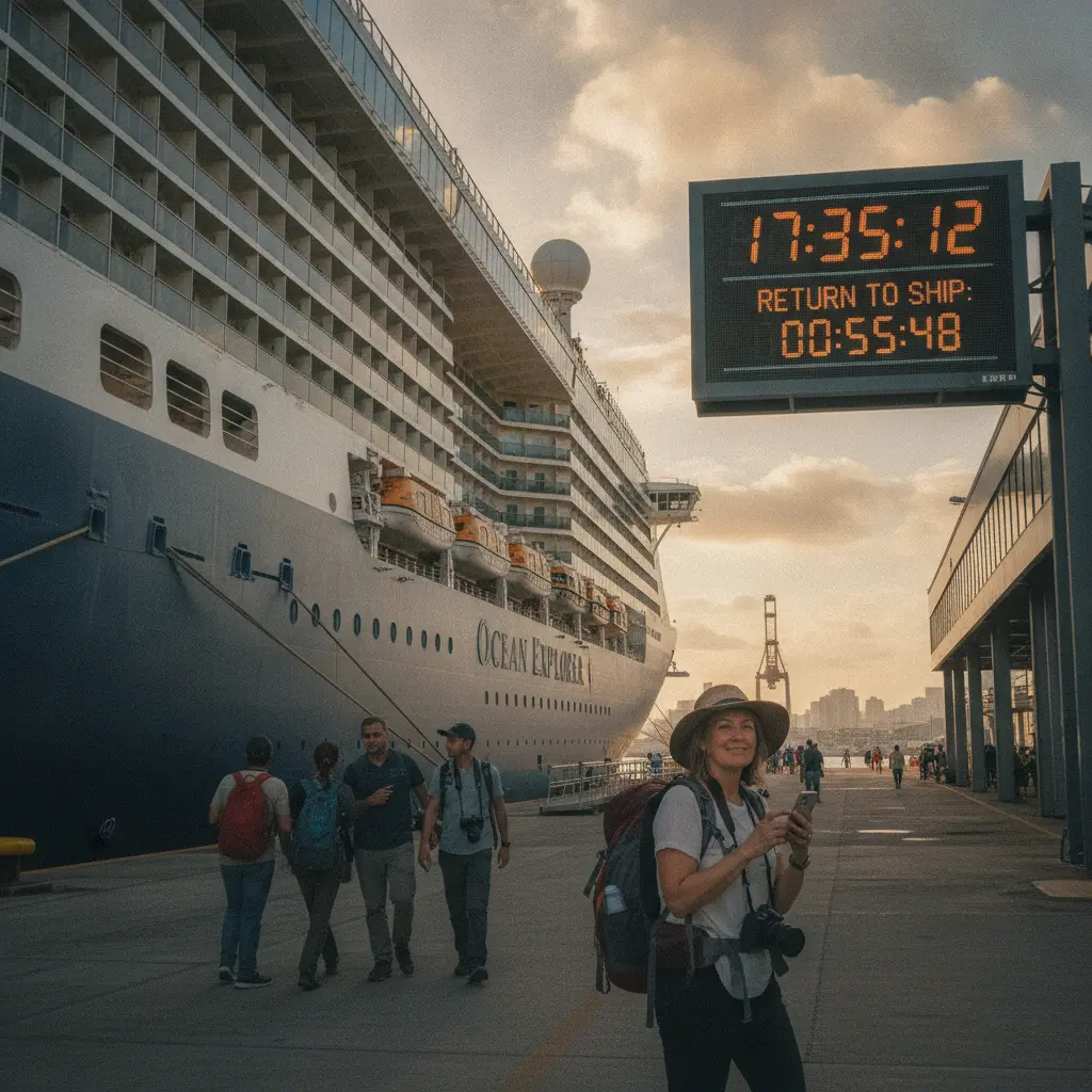 Cruise ship docked at port terminal with departure clock visible