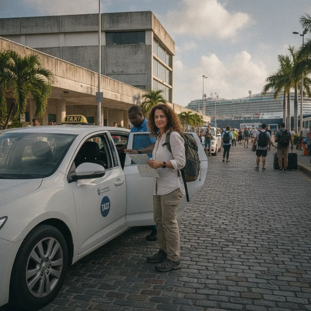 Solo traveler getting into a licensed port taxi outside terminal