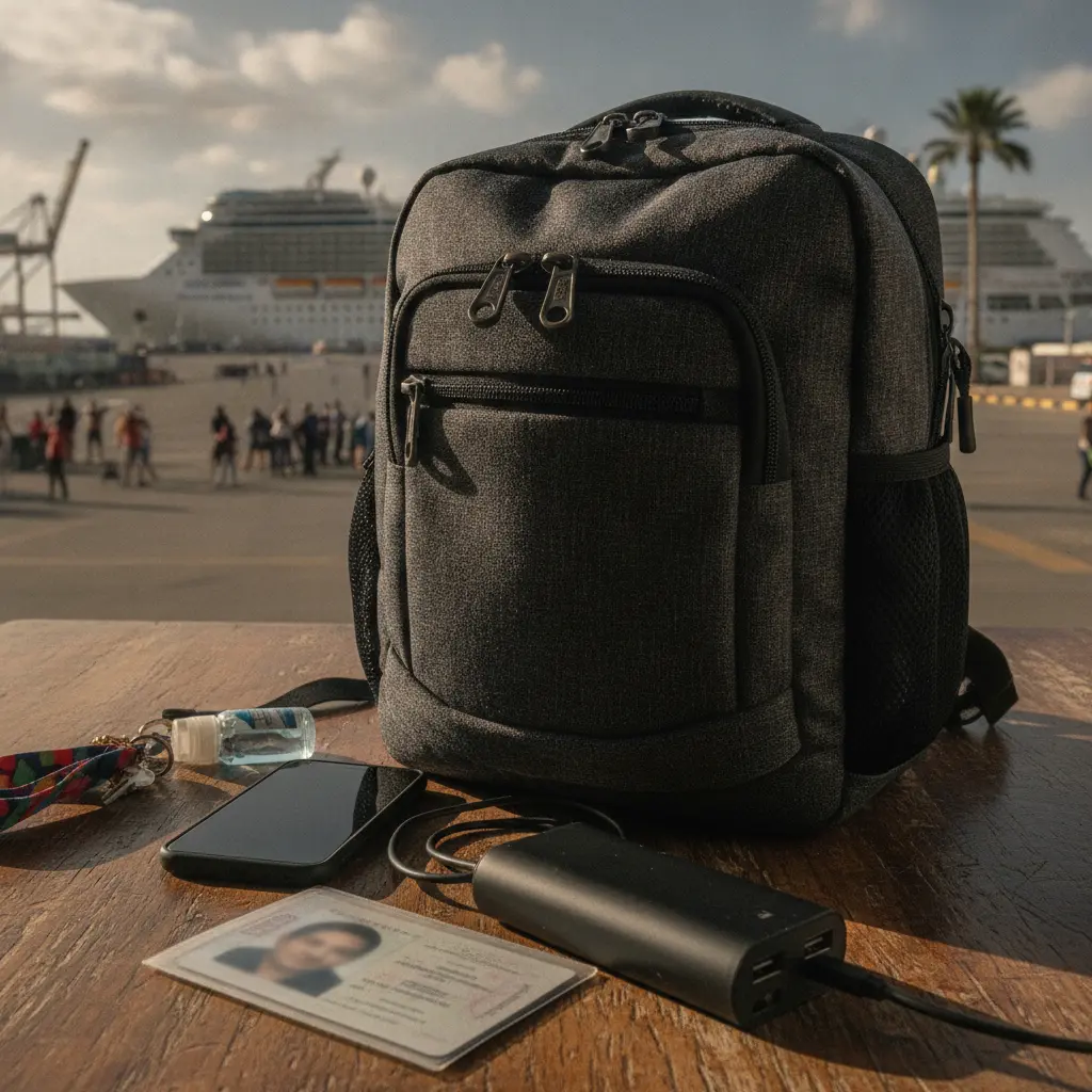 Solo cruise travel gear including power bank, passport copy, and anti-theft daypack