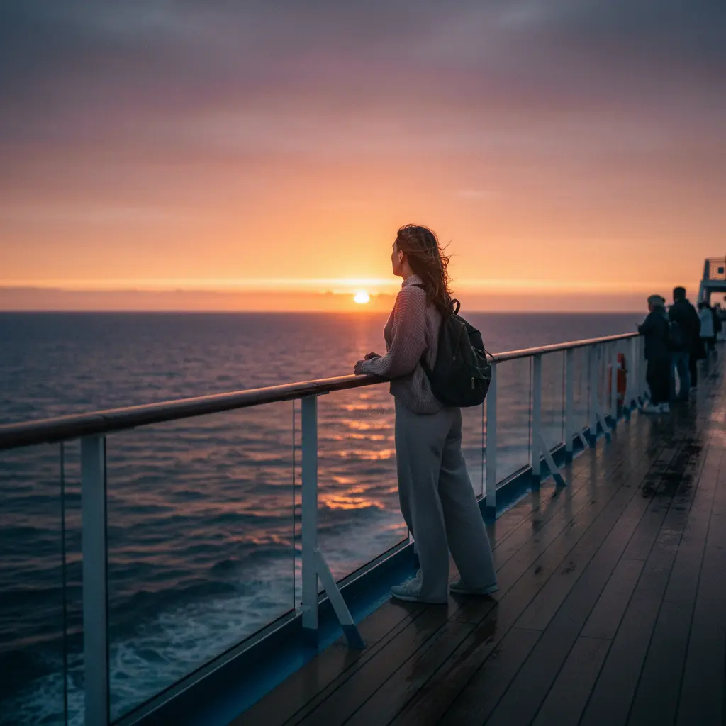 A solo traveler looking out from a cruise ship deck at sunset