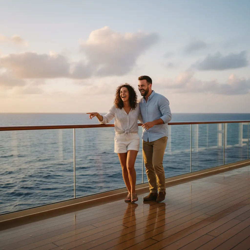Two friends laughing on a cruise ship deck, enjoying the ocean view