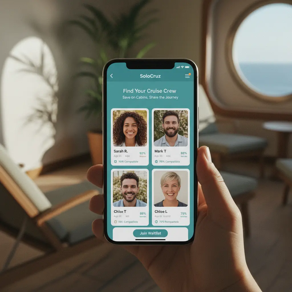 Conceptual screenshot of the SoloCruz app with profile matching features