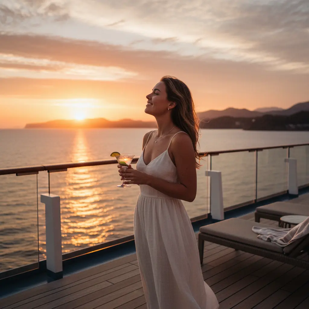 Woman enjoying a sunset view from a cruise ship deck