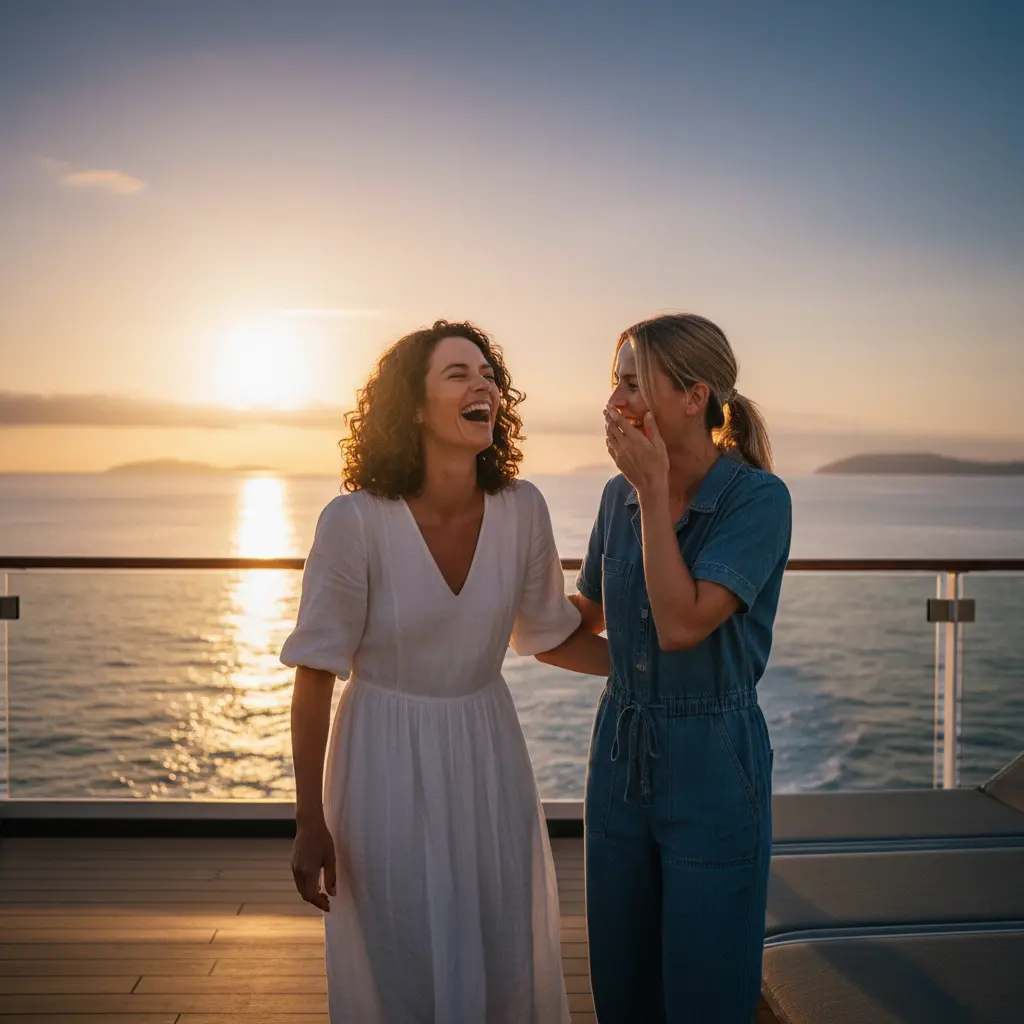 Two women laughing and enjoying a cruise together