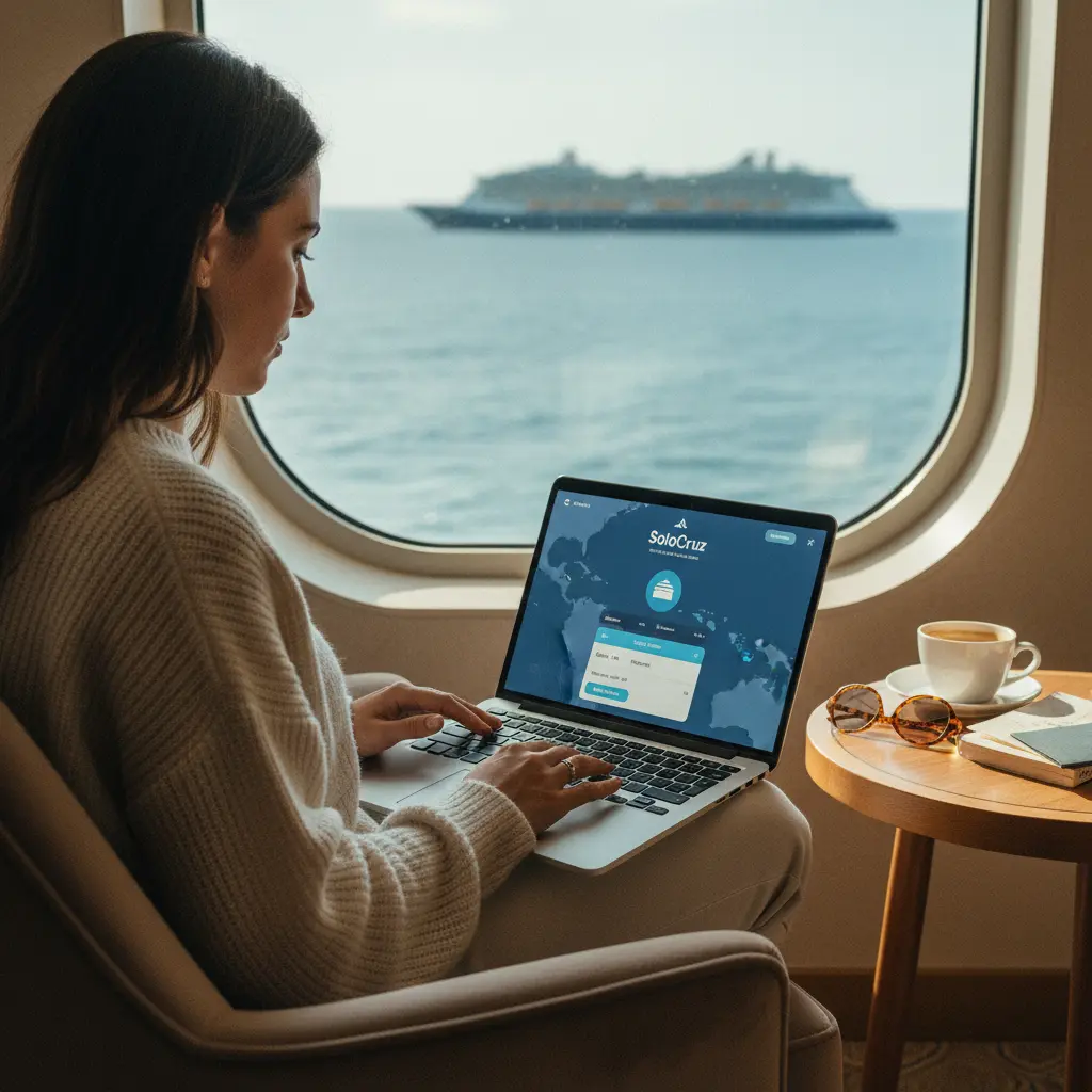 Woman using SoloCruz app on a laptop to plan her cruise