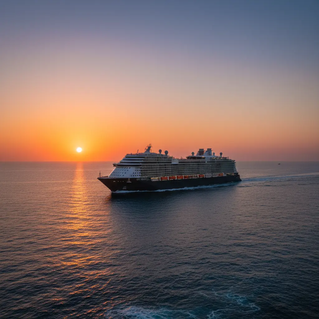 Ein Luxuskreuzfahrtschiff bei Sonnenuntergang auf offener See