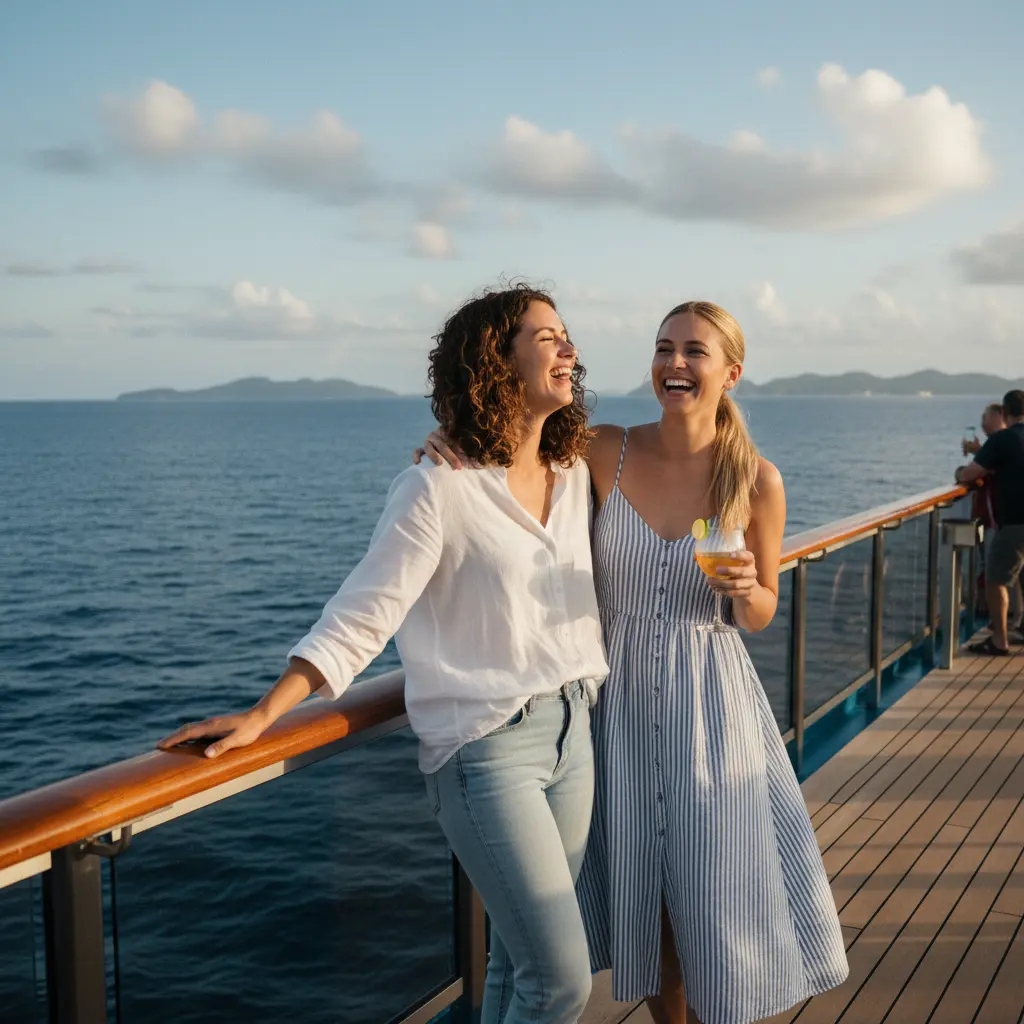 Zwei Frauen, die lachend auf einem Kreuzfahrtschiff stehen und auf das Meer blicken