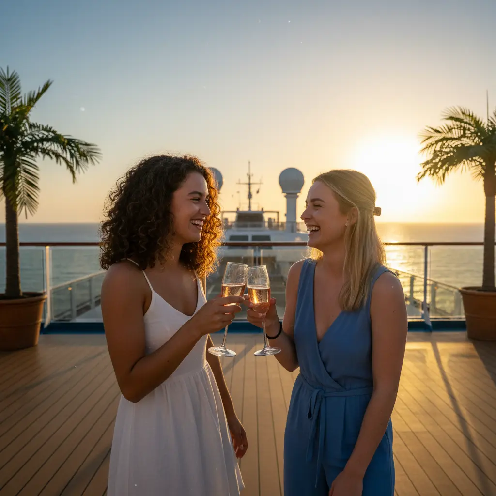 Zwei junge Frauen stoßen auf dem Deck eines Kreuzfahrtschiffs an und lächeln