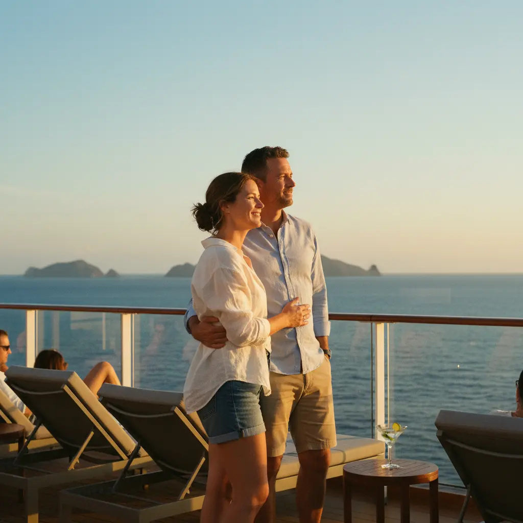 Pareja disfrutando de un crucero con ahorros por compartir cabina