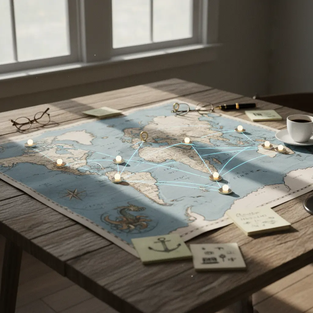 Mapa de rutas de crucero con marcadores de planificación