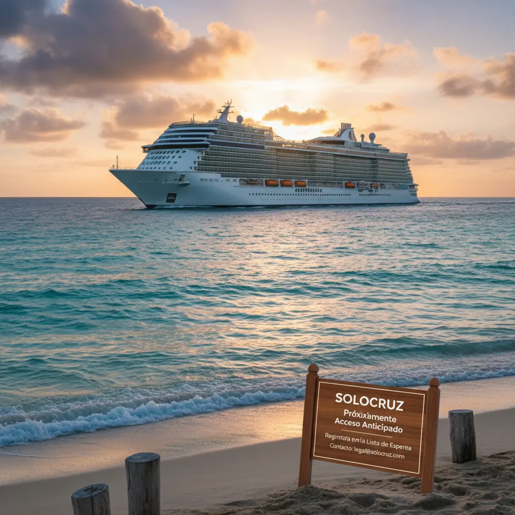 Un majestuoso barco de crucero navegando en aguas azules al atardecer.
