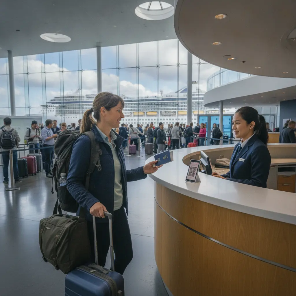 Solo traveler checking in at a cruise terminal with luggage and passport