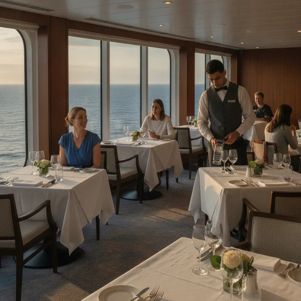 Elegant cruise ship dining room with tables set, a waiter serving