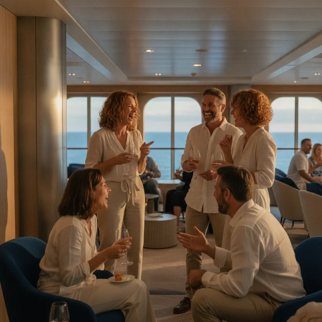 Group of people laughing and talking at a cruise ship meet-and-greet event