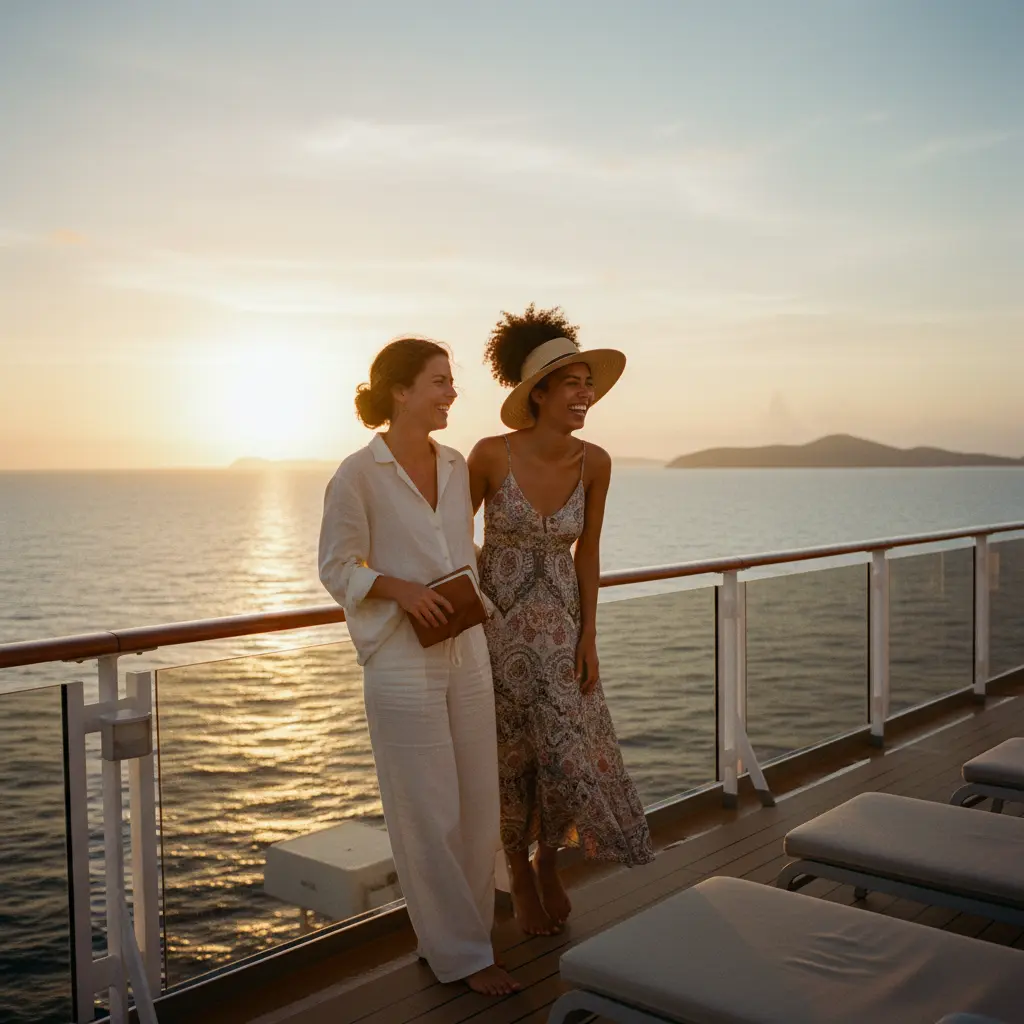 Deux amies voyageuses souriantes sur le pont d'un navire de croisière
