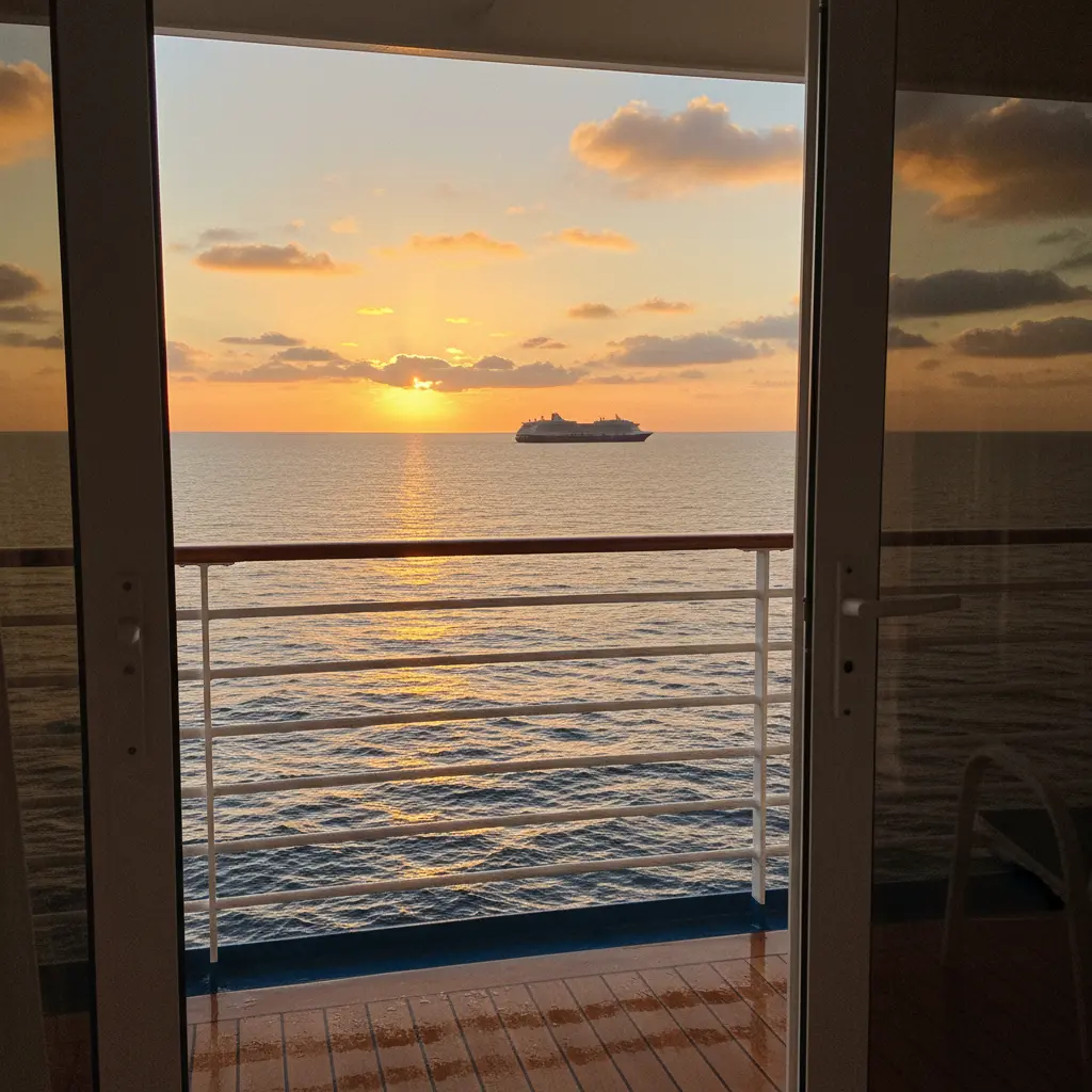 Vue depuis un balcon de cabine de croisière sur la mer au lever du soleil
