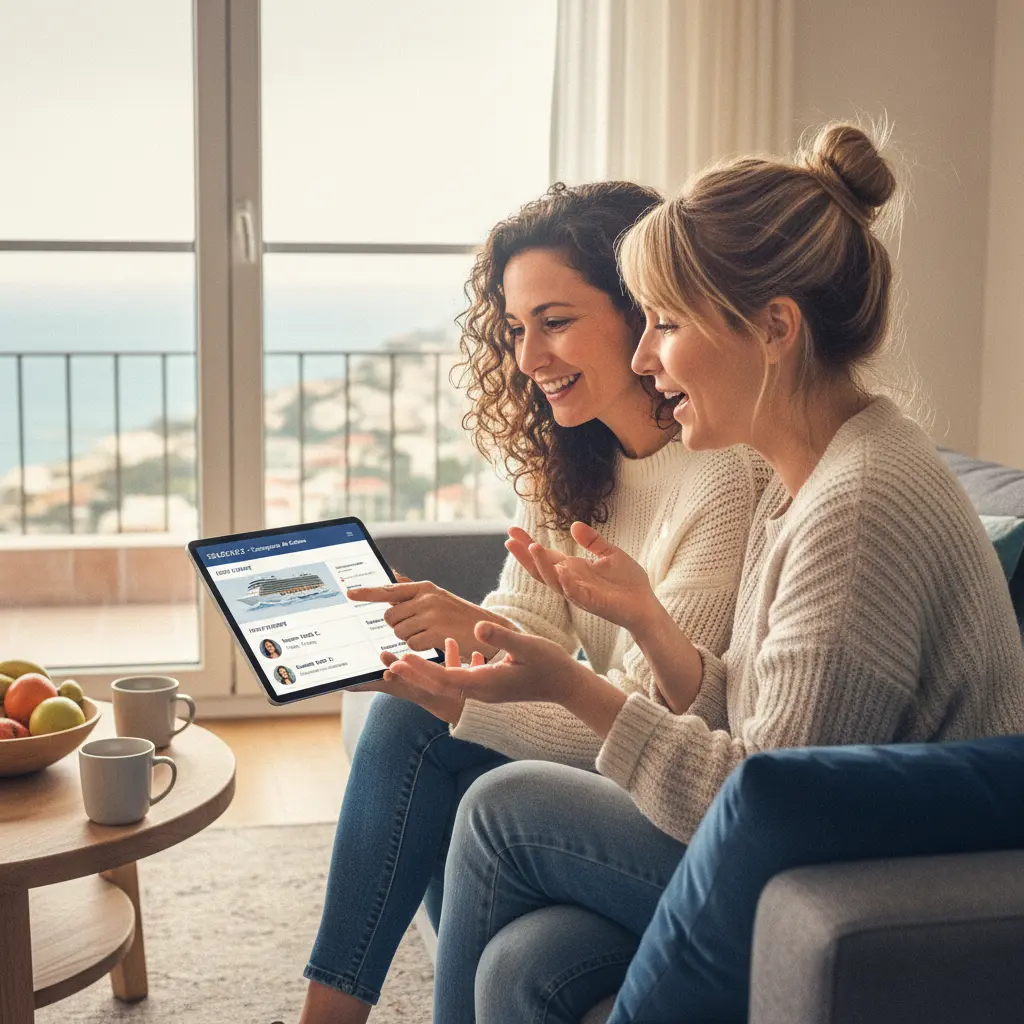 Deux femmes planifiant une croisière sur une tablette, partageant des idées