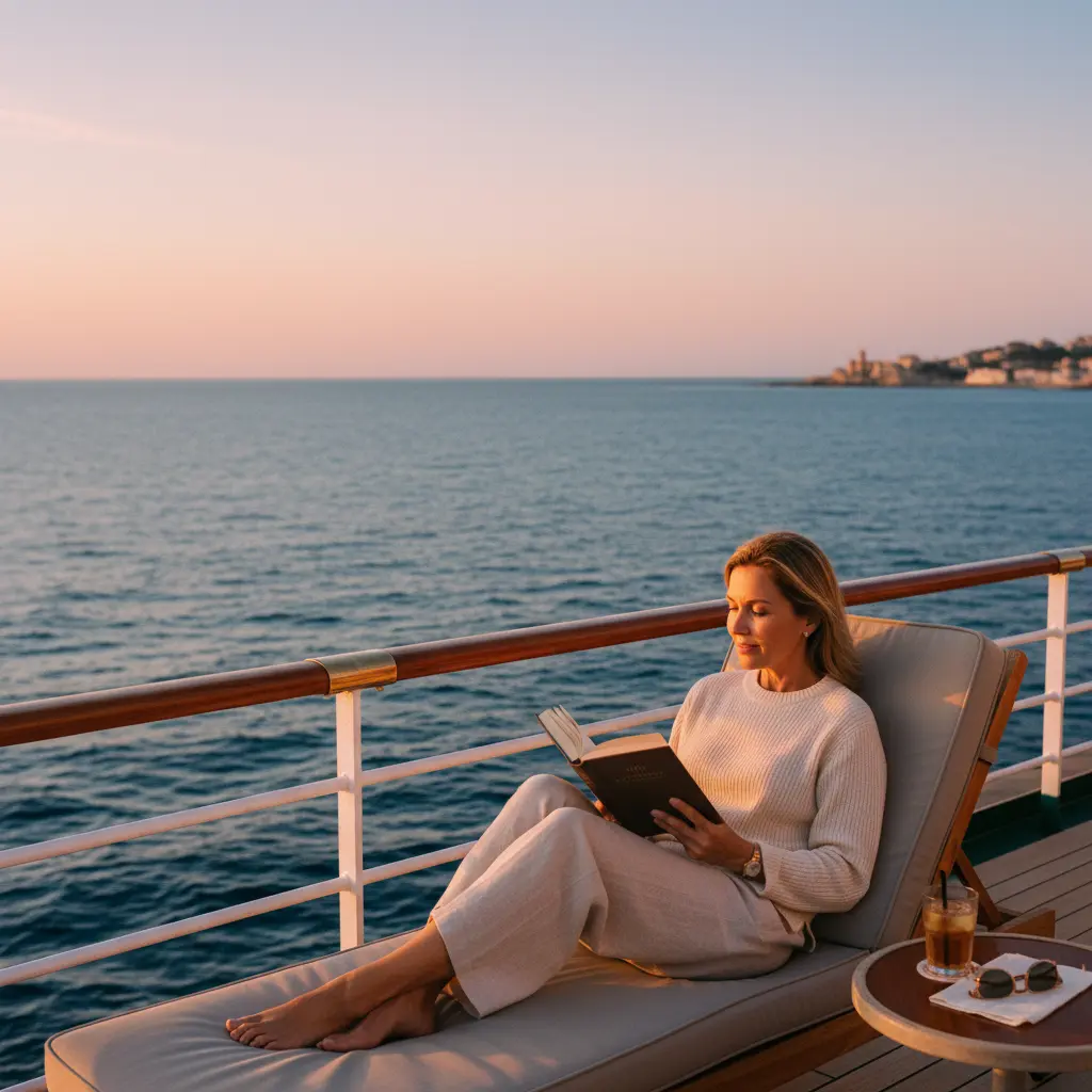 Une femme de 40 ans lisant un livre sur le pont d'un bateau de croisière classique, avec l'océan en arrière-plan.