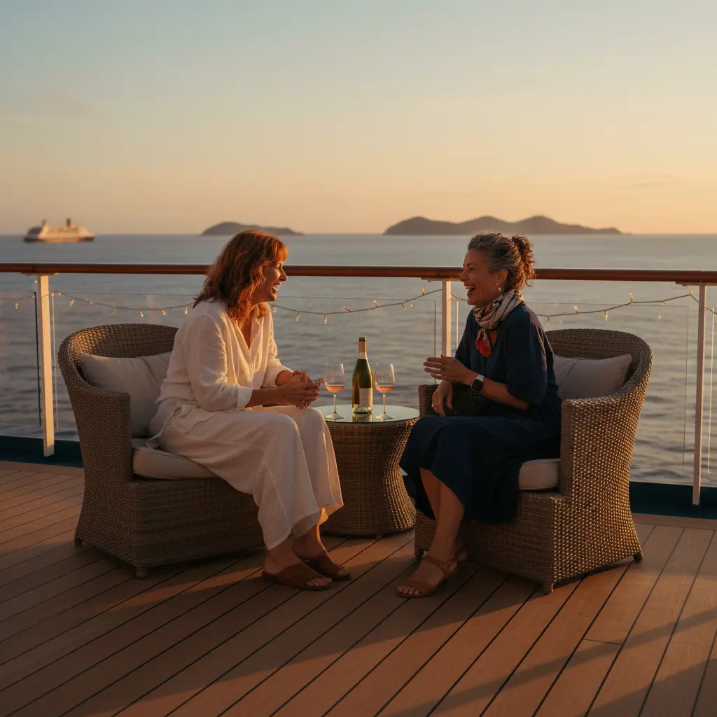 Deux femmes de 40-50 ans riant et discutant sur le pont d'un bateau de croisière au coucher du soleil.