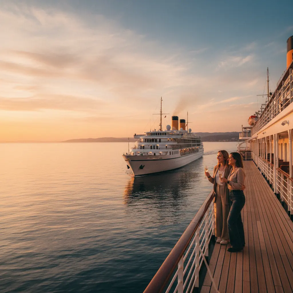 Un magnifique bateau de croisière classique naviguant au coucher du soleil, symbolisant l'aventure et l'élégance.