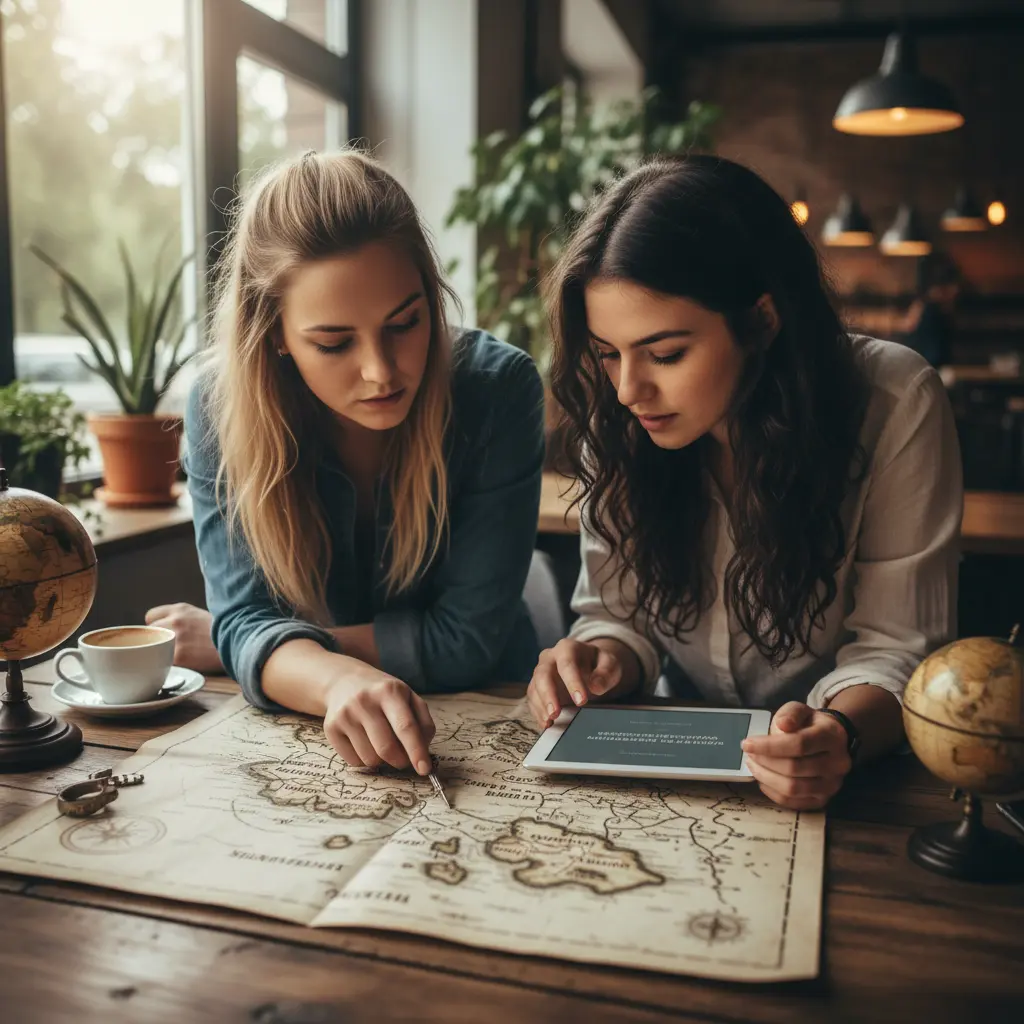 Zwei junge Frauen schauen auf eine Seekarte und planen ihre Reise.