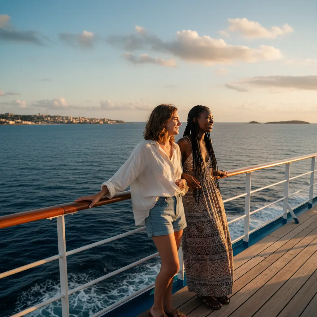Zwei Freundinnen genießen die Aussicht vom Kreuzfahrtdeck