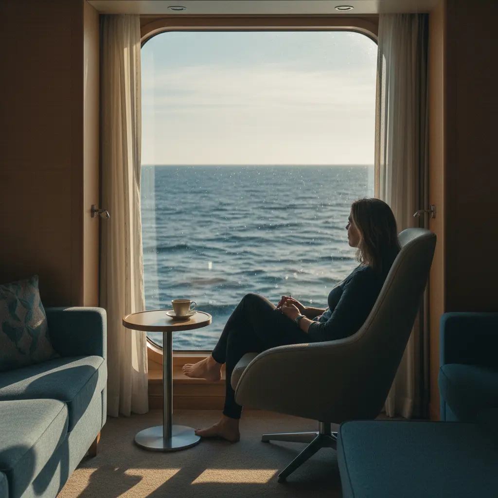 Alleinreisende Frau auf einem Kreuzfahrtschiff mit Meerblick