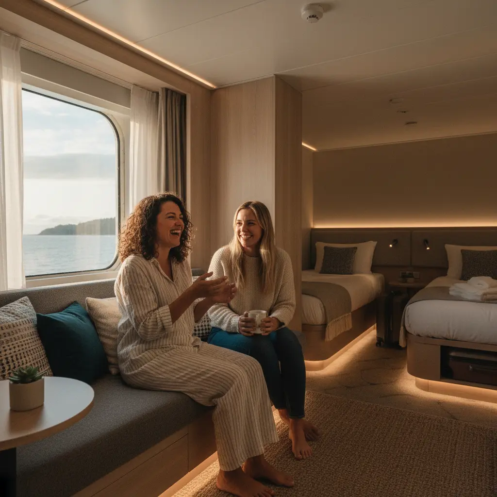 Zwei lachende Frauen in einer geteilten Kabine auf einem Kreuzfahrtschiff