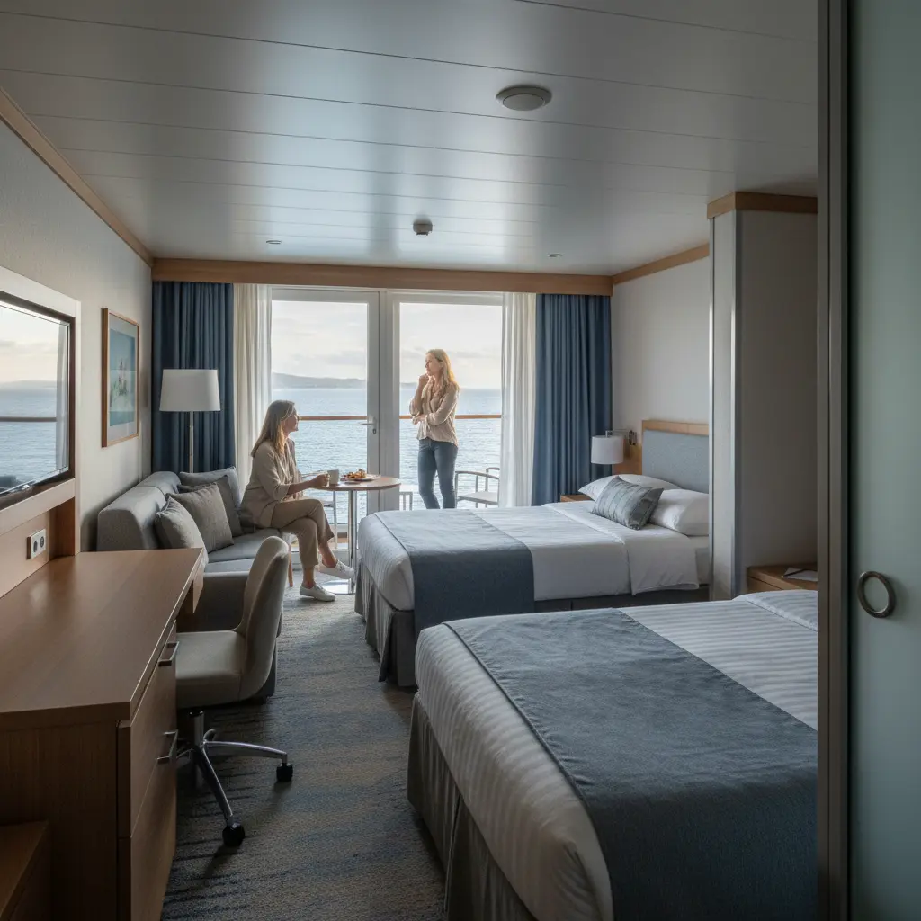 Innenansicht einer geräumigen Kreuzfahrtkabine mit Balkon