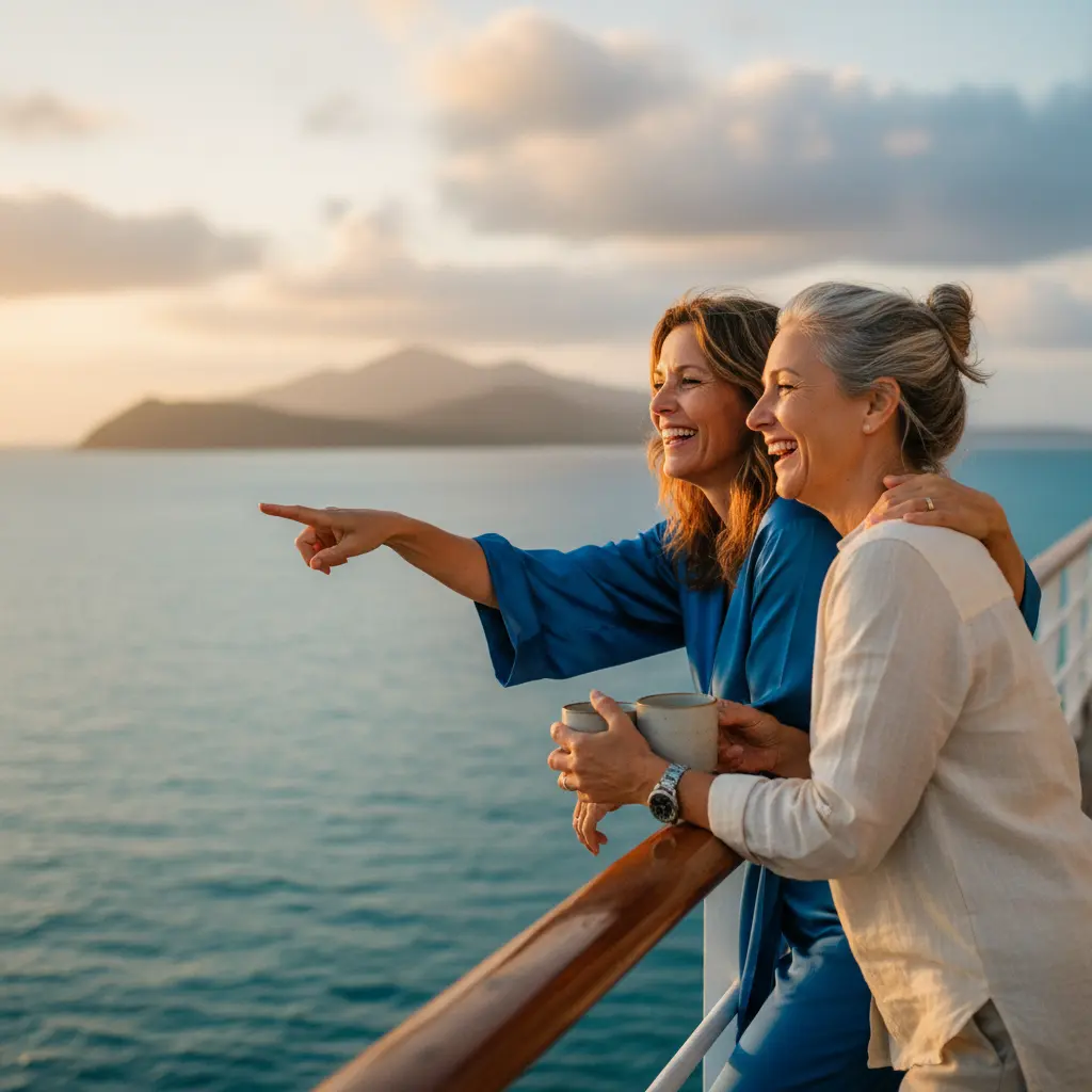 Zwei glückliche Frauen genießen die Aussicht auf einem Kreuzfahrtschiff