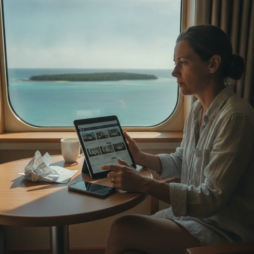 A solo cruise traveler reviewing travel itinerary options after a roommate cancellation