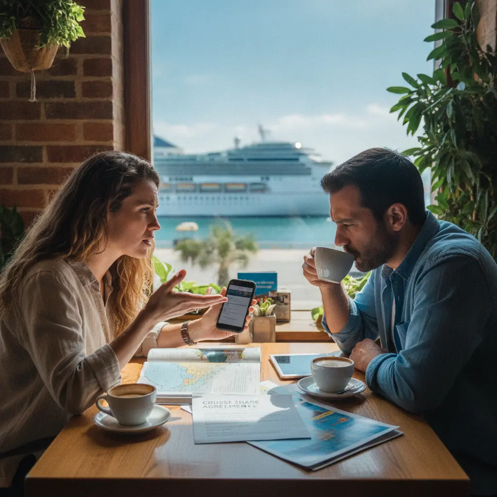 Two travelers discussing cruise plans and cabin share agreements