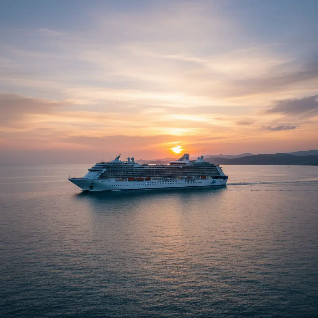 A large cruise ship sailing into the sunset