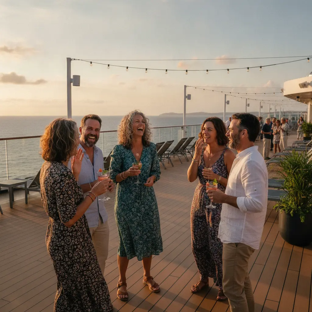 Solo cruise travelers socializing and laughing together on a ship deck at a social event