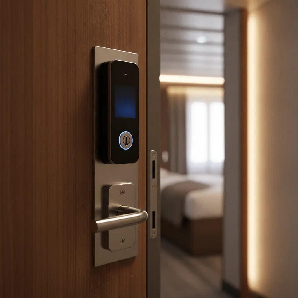 A secure cruise cabin door with keycard access and a modern locking mechanism on a cruise ship