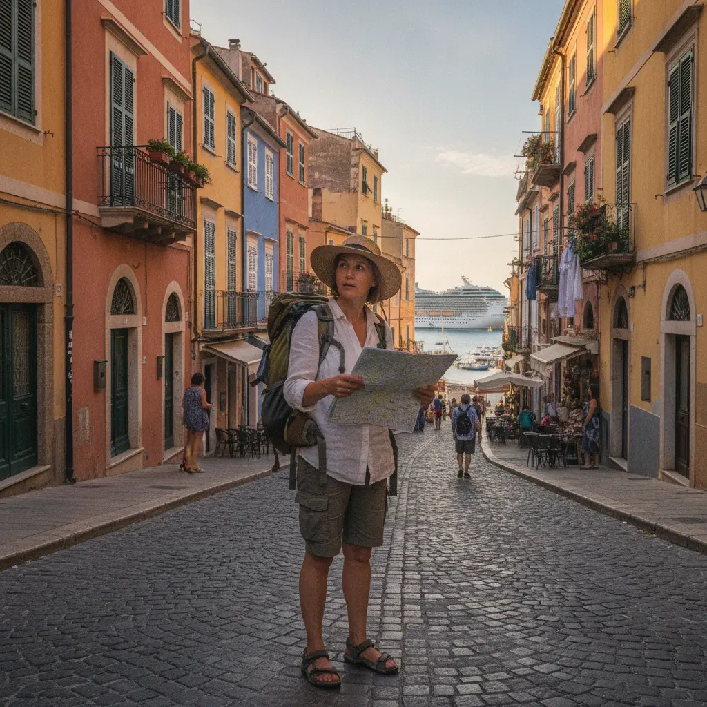 A solo traveler with a backpack and map exploring a colorful port city street with historic buildings