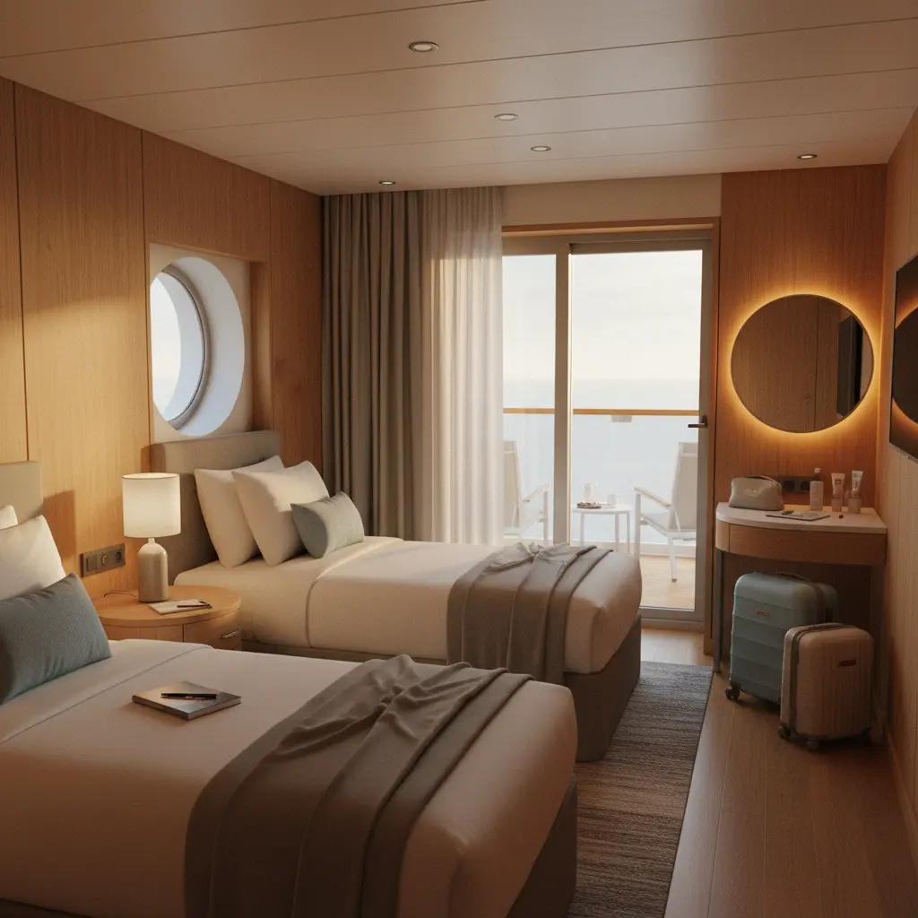 A clean, well-organized cruise cabin with two beds