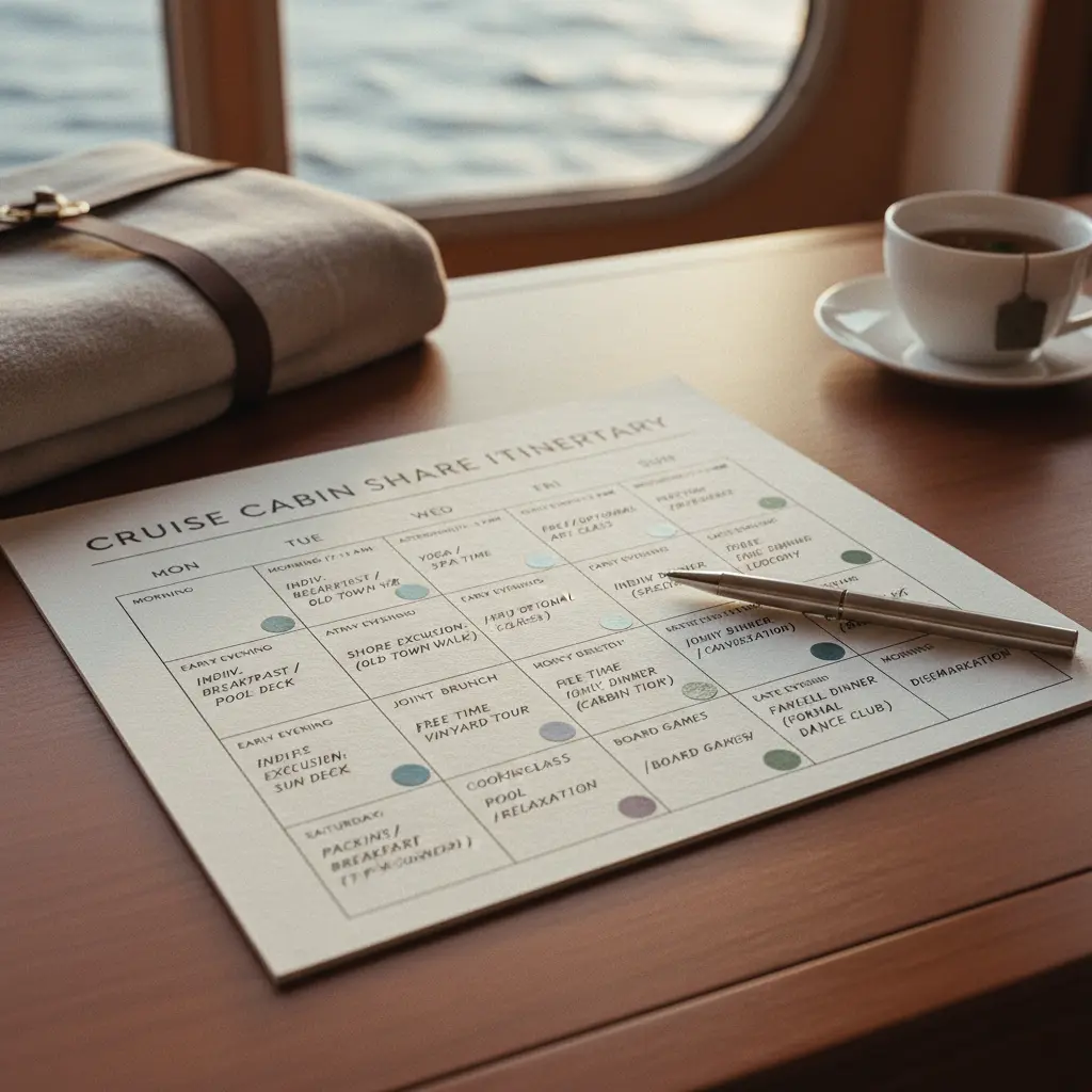 A calendar showing planned cruise activities and free time slots