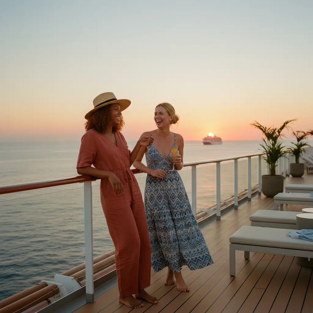 Two solo women enjoying a cruise deck together