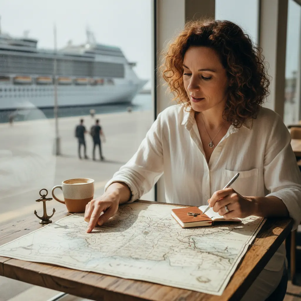 Woman looking at a cruise map, planning her solo trip